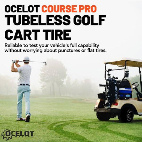 Course Pro 205-50-10 Golf Cart Tires 4-Ply Tubeless Street Style with golfer and cart on golf course