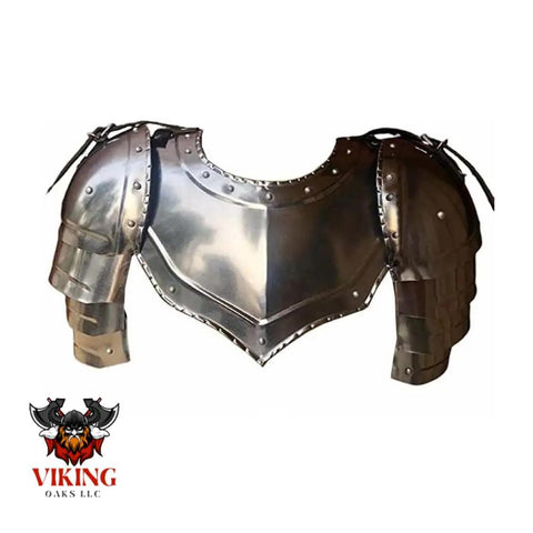 Gothic Steel Gorget With Pauldrons Shoulder Guard Set For LARP And SCA Knights, Silver Badass Medieval Armor For Adults front view