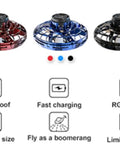 Red, blue, and black Toss And Fly Spinner Drone With 360 Degree Tricks, LED Lights And Boomerang Return No Controller Needed