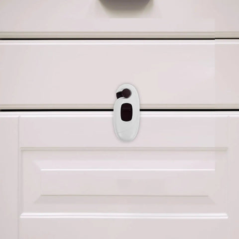 Five Pack Childproof Cabinet Locks With Double Button Design Easy To Install ABS Safety Locks on white cabinet for child safety
