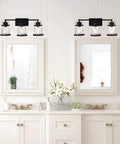 Black 3 Light Industrial Vanity Sconces with Hammered Glass Shades over bathroom mirror, vintage rustic farmhouse style.