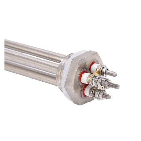 Straight Up Portable 24V 600W Immersion Water Heater Fast Heating Tankless Element For Rv Trucks And Boat Tanks close-up view of stainless steel heating element with connectors.