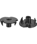 Fifty Piece 8-32 T Nuts Set Featuring Zinc Plated Carbon Steel Construction With Three Pronged Tee Nut Design For Hella Secure Bouldering Holds And Professional Woodworking Projects In Sleek Black Finish showing black tee nuts with three prongs.