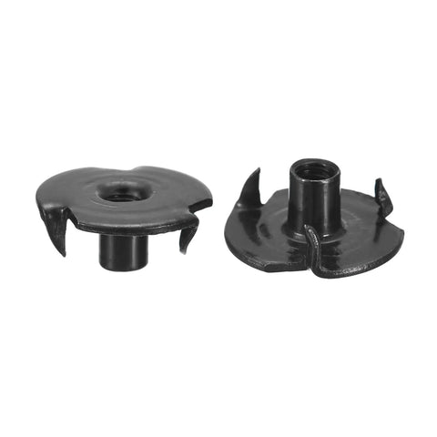 Fifty Piece 8-32 T Nuts Set Featuring Zinc Plated Carbon Steel Construction With Three Pronged Tee Nut Design For Hella Secure Bouldering Holds And Professional Woodworking Projects In Sleek Black Finish showing black tee nuts with three prongs.