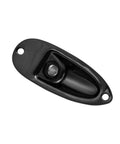 Badass Black Boat Style Guitar Output Jack Plate With A Smooth Quarter Inch Plug Made For Strat Cats Who Want A Heavy Duty Swap With Zero Headaches And Comes With Mounting Hardware For Quick Setup, viewed from above.