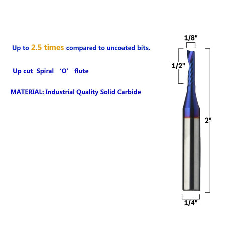 Single Flute Upcut Spiral End Mill For CNC Router Use With NACO Coating, showing dimensions and solid carbide material