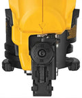 Close-up of 20V Max Brushless 15 Degree Cordless Roofing Nailer With Tool Free Nail Tray Battery Powered Yellow And Black