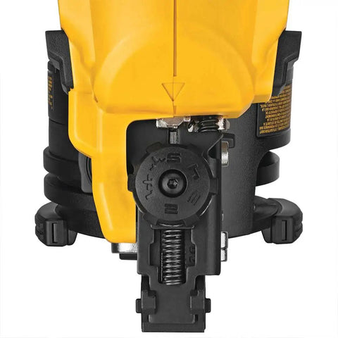 Close-up of 20V Max Brushless 15 Degree Cordless Roofing Nailer With Tool Free Nail Tray Battery Powered Yellow And Black