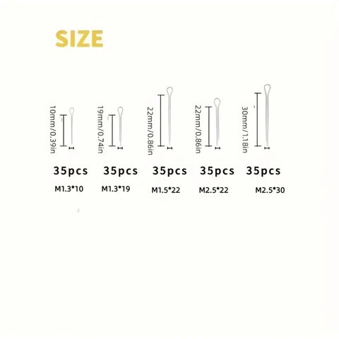 Must Have Assorted Split Pins Cotter Fixings Kit In Zinc Plated Steel With Hard Case Includes 525 700 875 Pieces In Multiple Sizes For Quick Insertion And Secure Fastening. Size chart of zinc plated split pins, 10mm to 30mm, M1.3-M2.5