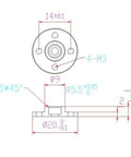 Technical drawing of Universal Servo Horn Aluminum Alloy 25T Disc for Robot Claw RC Car and Helicopter Servos dimensions.
