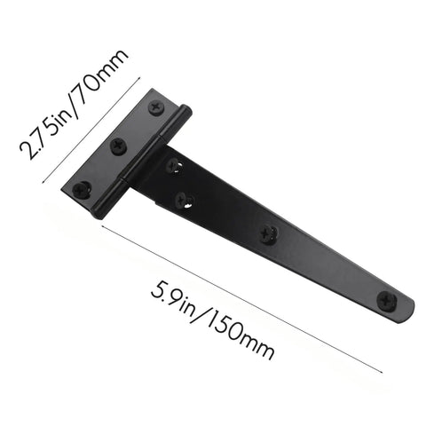 Heavy Duty 6 Inch T Strap Door Hinges Set of 4 for Sheds and Gates Tuff Tee Hinge Hardware, black finish with dimensions