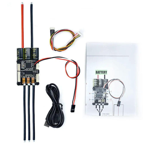 Electric Skateboard Speed Controller FSESC67 70A with aluminum anodized heat sink, wiring, and manual for installation.
