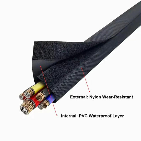 Waterproof Reusable Cable Management Sleeve 15M Length With 15 to 100mm Inner Diameter Nylon Hook and Loop PVC shown open with wires