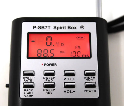 Close-up of SB7 Rev 7 Ghost Hunting Kit control interface with display and buttons, Brand New 2024 Version Pro Grade Upgrade.