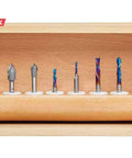 8 Piece General Purpose CNC Router Bit Set With 1 Quarter Inch Shank In Wooden Box High Grade Carbide Bits Displayed in Box