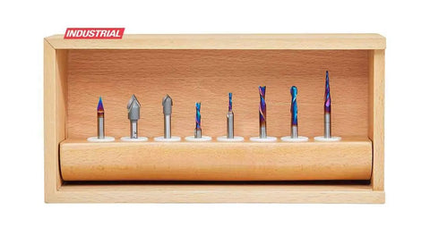 8 Piece General Purpose CNC Router Bit Set With 1 Quarter Inch Shank In Wooden Box High Grade Carbide Bits Displayed in Box