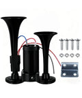 Heavy Duty 12 Volt Dual Trumpet Electric Air Horn With Turbo Compressor, complete with installation kit and black housing.