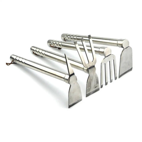 Grab And Go All In One Stainless Steel Garden Hoe And Pickaxe for planting and weeding, showing tools with easy grip handles.