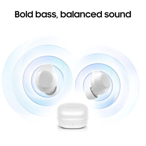 Galaxy Buds Core SM-R410 Black Wireless Earbuds with Bluetooth 5.4, active noise cancellation, case, sound waves illustration.