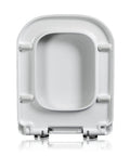 White Square Elongated Toilet Seat Featuring Quiet Soft Close Lids And Quick Release Hinges For No Sweat Top Mount Installation