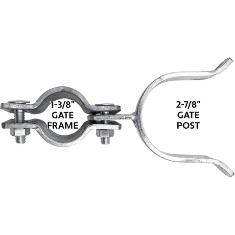 Tough As Nails Galvanized Chain Link Fence Gate Fork Latch With Locking Pin Designed For Heavy Duty Security On 1 3 8 Inch Gates And Four Inch Posts Built Like A Tank For Outdoor Yards Rust Proof Case Of Twenty Five showcasing the latch setup for 1-3/8 inch gate frame and 2-7/8 inch gate post.