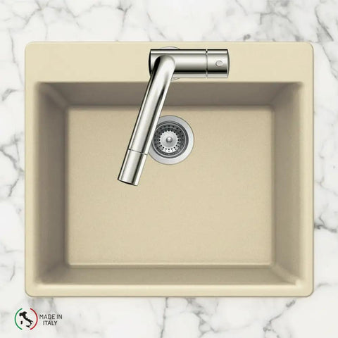 Top view of G100 Sand Quartz Tone Kitchen Sink in Biscuit Top Mount Large Single Bowl 9.5 Inch Depth Non Porous Silky Surface Built To Last