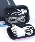 Top Shelf Travel Electronic Organizer Case Featuring A Rugged Foldable Hard Shell for chargers and headphones in compact black case.