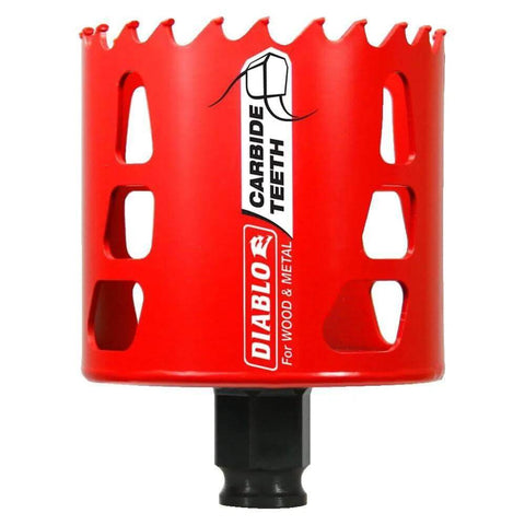 Diablo carbide teeth hole saw, front view; red body with black mandrel, 2-3/4 in diameter for wood and metal