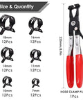 Ultimate 73-Piece Spring Hose Clamp Kit With Pro Pliers Made From Heavy Duty 65Mn Steel For Tough Automotive repairs plumbing fixes and sweet DIY home projects organized in sturdy storage box. Size chart with 7-18mm clamps and 225mm pliers