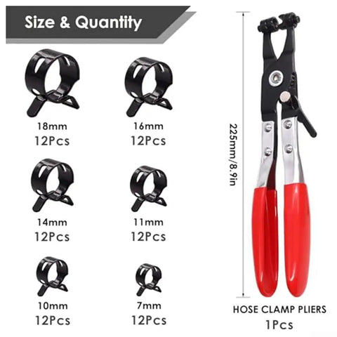 Ultimate 73-Piece Spring Hose Clamp Kit With Pro Pliers Made From Heavy Duty 65Mn Steel For Tough Automotive repairs plumbing fixes and sweet DIY home projects organized in sturdy storage box. Size chart with 7-18mm clamps and 225mm pliers