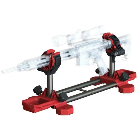 Ultra Adjustable Gun Vise With Steel Frame And Secure Clamps Non Slip Leveling Feet And Top Mount Provisions For Pistols And Break Action Guns Easy Cleaning And Disassembly Workhorse Stand holding a clear rifle model.