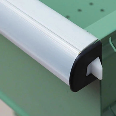 Close-up of the latch on Hella Compact Metal Tool Chest Featuring A Knockout Lock And Heavy Duty Steel Frame.