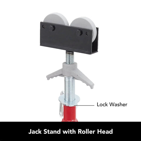 Beefy Portable High Pipe Stand With Roller Head for Rock Solid Workshop Setup, showcasing lock washer and roller components.