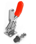 Quick Release Horizontal Toggle Clamp Rock Solid Push Pull Lever Clamp For Woodworking Jigs And Fixtures Welding And Drill Press Setup Rustproof 304 Stainless Steel Construction With Gentle Yet Secure Hold For Precision Work, showing a red-handled clamp and bolt.