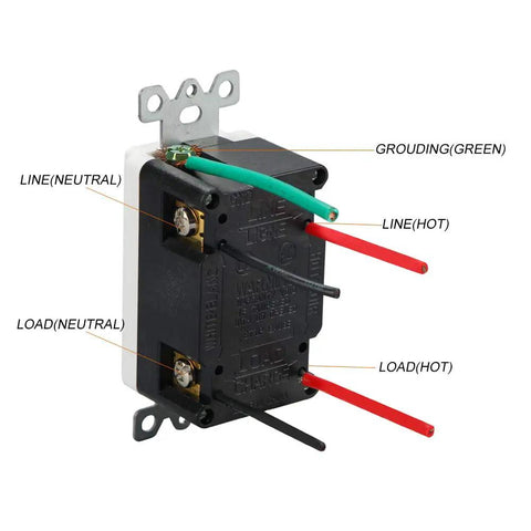 Back view of GFCI Weather-Resistant 20A 125V Outlet With Tamper-Resistant Receptacle showing wiring connections for installation.