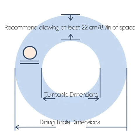 Diagram showing space recommendations for Large Wooden Lazy Susan Turntable For Dining Tables With Smooth Quiet 360 Degree Rotation.