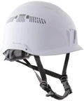 White safety helmet with chin strap, side view, designed for at-height work, compact and lightweight, Klein Tools brand
