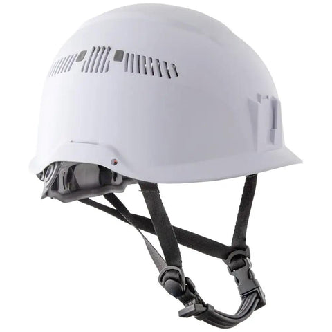 White safety helmet with chin strap, side view, designed for at-height work, compact and lightweight, Klein Tools brand