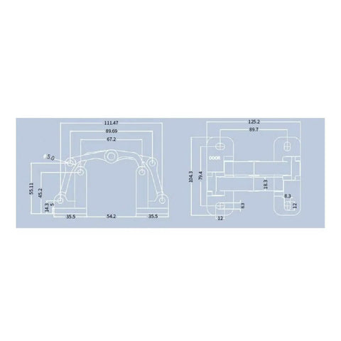 Technical drawing of Heavy Duty Concealed Door Hinge For Cabinets And Fire Doors Built Tough With Reinforced Steel.