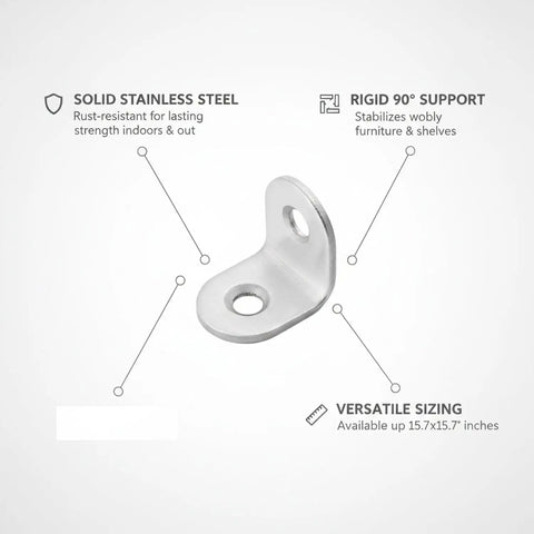 Stainless Steel 90-Degree Corner Brace For Furniture Joints And Shelf Support, shown with pre-drilled holes and silver finish