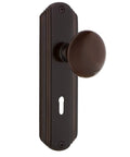 Vintage Deco Door Hardware Set With Keyhole Privacy Plate And Brown Porcelain Door Knob In Timeless Bronze Solid Forged Brass Plates