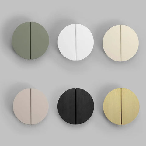 Assorted colored round cabinet knobs in various finishes, displayed on a gray background. Orange Two And A Half Inch Drawer Pulls Four Piece Set Half Moon Cabinet Handles Semicircle Knobs With Screws For Kitchen Cabinets Cupboards Bedroom Furniture Doors Durable Aluminum Alloy not visible.