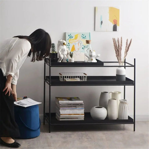 Top Shelf Iron Industrial Bookshelf Featuring a Sleek Narrow Frame showcasing decor and plants in a modern living room.