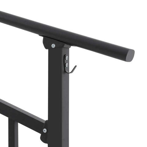 Heavy Duty 4 Step Stair Railing With Integrated Side Fence And Hella Sturdy Steel Outdoor Handrail Featuring Easy Install For Porch Deck Safety In Black close-up of sturdy black steel handrail with mounting hook