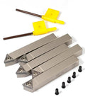 Top Shelf Mini Indexable Lathe Turning Tool Set With Half Inch Nickel Plated Shank Holders Plus Razor Sharp Carbide Insert Blades features five shank holders and inserts.
