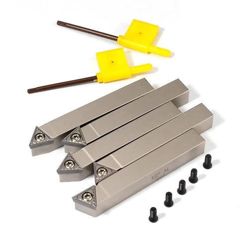 Top Shelf Mini Indexable Lathe Turning Tool Set With Half Inch Nickel Plated Shank Holders Plus Razor Sharp Carbide Insert Blades features five shank holders and inserts.