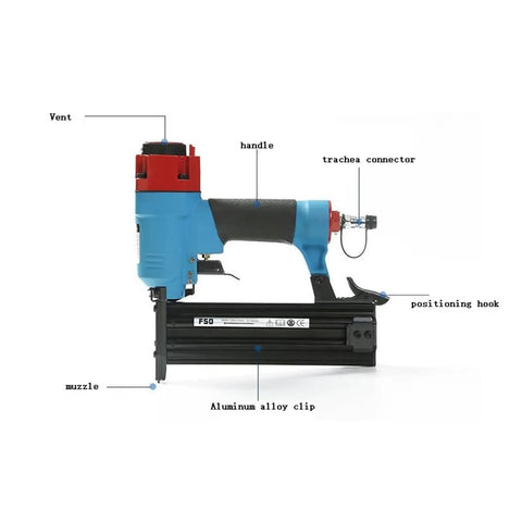 Lightweight Oil Free Pneumatic Staple Gun And Straight Nail Tool Pro Brad Nailer For Woodworks No Fuss showing handle and muzzle details.