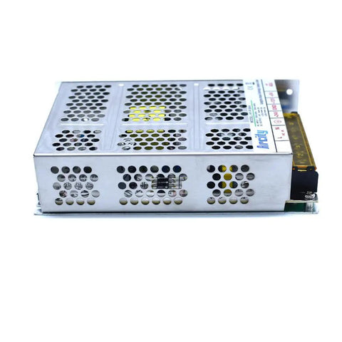 Side view of a High Stability Output Switching Power Supply 5V 8A, 12V 8A, and 24V 3A. Features a perforated metal casing.