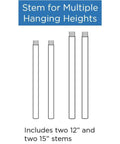 Diagram of two 12-inch and two 15-inch stems for Sleek Modern Glass Pendant Light 1 Light With Brushed Nickel Finish Clear And Etched Glass Mini Pendant For Dining Room Great Room Hallway Or Foyer Contemporary Style Pendant Lighting