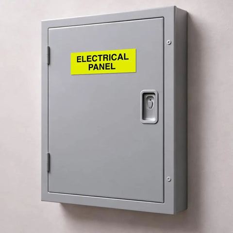 Close-up of a red electrical panel sign for fire regulation safety compliance installed on a gray panel indoors.